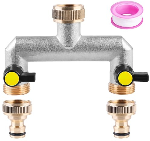 Distributore dell'acqua a 2 vie: distributore a 2 vie in ottone nichelato, 2 distributori 3/4 adattatore 1/2 con valvola a sfera per regolare e bloccare il flusso d'acqua, per irrigazione giardino