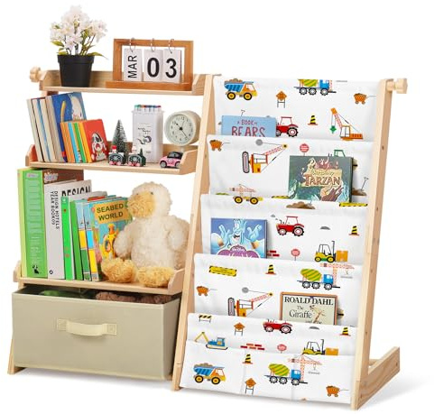 Libreria per Bambini con 4 Ripiani e 3 Scomparti Aperti, Scaffale Giochi Bambini con Scatole e 3 Tasche, Scaffale Portagiochi per Camerette, Librerie Montessoriana per Bambino e Bambina (Traffico)
