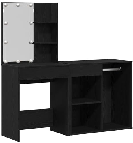vidaXL LED Sminkbord Set Svart Ek 140 x 40 x 140 cm Konstruerat trä, Elegant sovrumsbänk, modern sminkbord med LED-spegel, hållbar makeupstol, beauty-hylla, förvaring