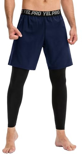 Yuerlian Pantalon de course 2 en 1 pour homme avec legging de compression à séchage rapide pour gym, entraînement, basket-ball, cyclisme, 02 Bleu marine, L