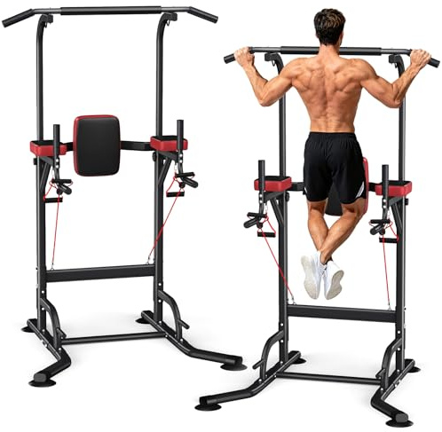 Dskeuzeew Pull Up Bar Free Standing for Multi-Function Home Gym Strength, Pull Up Dip Station Assistive Trainer Height Adjustable with Elastic Ropes, Power Tower Training Heavy-Duty Fitness Equipment