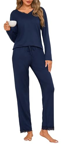 Jahetuul Pigiama Donna Manica Lunga Set di Pigiami da Donna Cotone Invernale Maglietta Scollo a V e Pantaloni Lunghi in Pizzo con Tasca Due Pezzi