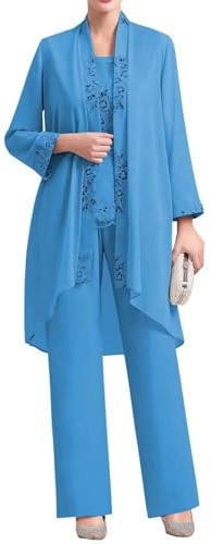 3 Piece Chiffon Mother of The Bride Pant Suits Elegant Lace Applique Formal Evening Wedding Guest Outfit with Jacket Blue