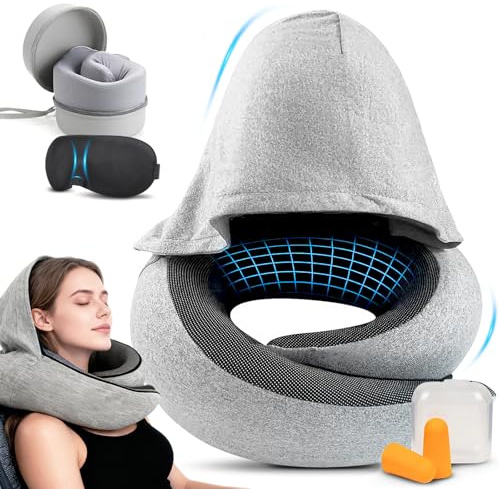 Almohada Viaje, Comfy Cojin Cuello Viaje, Almohada De Cuello con Capucha, Incluye capucha para mayor tranquilidad y relajación, suave como el terciopelo y transpirable, para avión, coche, tren.