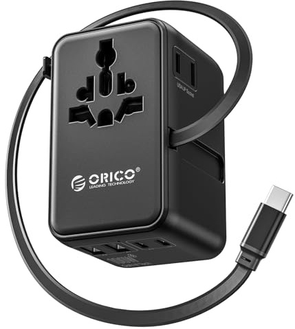ORICO GAN 100W reseadapter, infällbar kabel, 2 x AC-uttag + 5 USB, svart | Snabb laddning för kraftfulla bärbara datorer; kompatibel i +200 länder och regioner; allt-i-ett-design, säkerhetsskydd