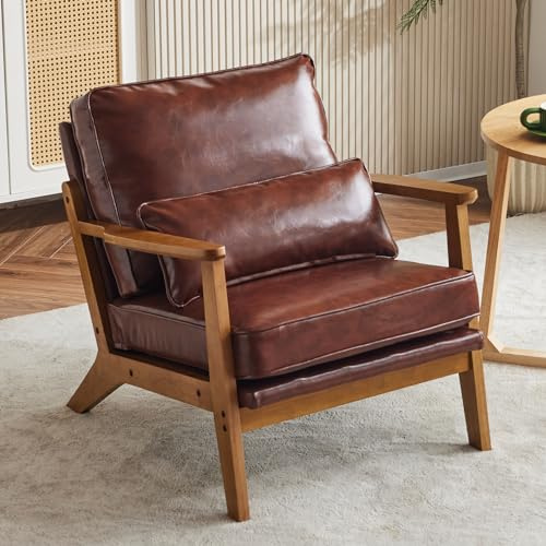 Bonnlo Accent Chair, Soild Wood Padding Lounge Armchairs, Occasional Reading Chair with Cushions and Lumbar Pillow, Armchairs for Living Room, Bedroom, Guest Room, Wide Arm, Leather, Dark Brown