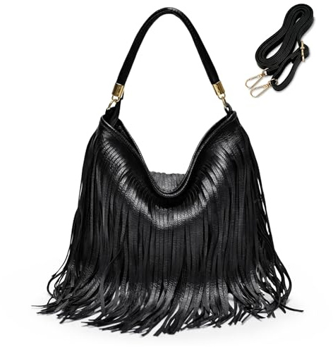 Gluckstar Bolso Mujer Mano Bandolera Mediano PU Boho Flecos Negro