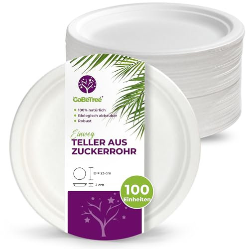 GoBeTree 100 assiettes jetables rondes en bagasse de canne à sucre blanches de 23 cm. Assiettes en papier jetables extra-résistantes, pour camping, pique-niques, fêtes, barbecues, anniversaires
