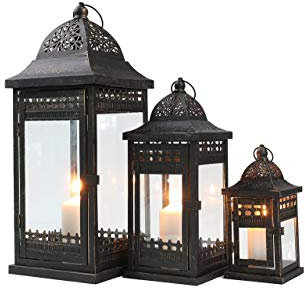 JHY DESIGN Juego de 3 linternas de Vela Decorativas de 24cm y 37cm y 51cm de Alto Estilo Vintage Linterna Colgante candelabro de Metal para Interiores al Aire Libre Eventos Fiestas y Bodas(Negro)