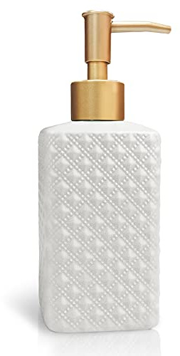 Gold Soap Dispenser, Ceramic Lotion Pump Bottle with Refined and Vintage Emboss, Home Decoration for Bathroom or Kitchen (White)