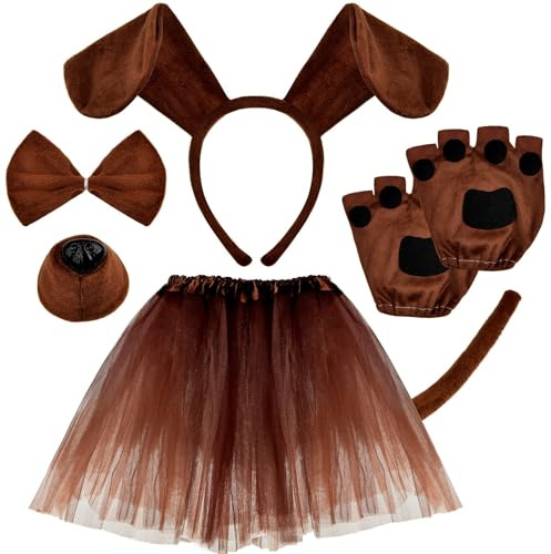 Coopay 6 Pieces Puppy Dog Costume Set Dog Ear Headband, Bow Tie, Tail, Tutu Skirt, Fake Nose and Puppy Paw Gloves Animal Costume Accessories for Halloween Cosplay Costume Dress Up Party Decoration