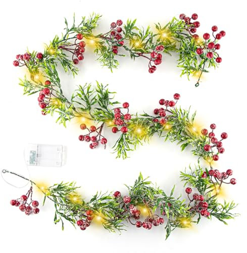 Christmas Garland String Lights, 5.9Ft Long with Red Berries green leaves 20 LED Lights for Xmas Tree Decor Thanksgiving New Year Party Decoration, Battery Operated