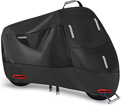 Motorcycle Cover Outside Storage, 300D Oxford Waterproof Motorbike Scooter Moped Cover Outdoor with 5 Reflective Strips and 2 Lock Holes, 2 Fixed Buckles and 1 Storage Bag (XXXXL: 114x37x55inch)