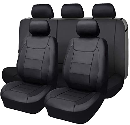 Flying Banner Universal Carbon Fibre Leather Car Seat Covers Airbag Compatible Seat Protector (Full Set, Black)