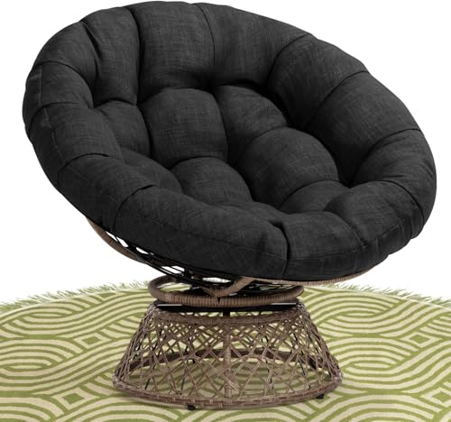 Bme 40 Ergonomic Wicker Papasan Chair with Soft Thick Density Fabric Cushion, High Capacity Steel Frame, 360 Degree Swivel for Living, Bedroom, Reading Room, Lounge, Onyx Stone - Brown Base