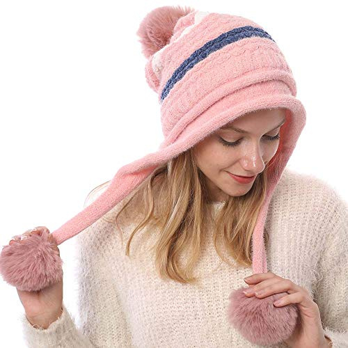Kangqifen dam vinter randig fleece fodrad varm stickad mössa tofsmössa stickad mössa med öronlappar 3 pompon, ROSA, En Storlek