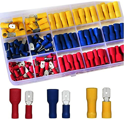 RUNCCI-YUNN 208Pcs Spade Connector Insulated Crimp Terminals, Electrical Wire Terminals Crimp Connector Set, Male and Female Bullet Connectors Tool Kit for Electrical Wiring(Red, Yellow, Blue)