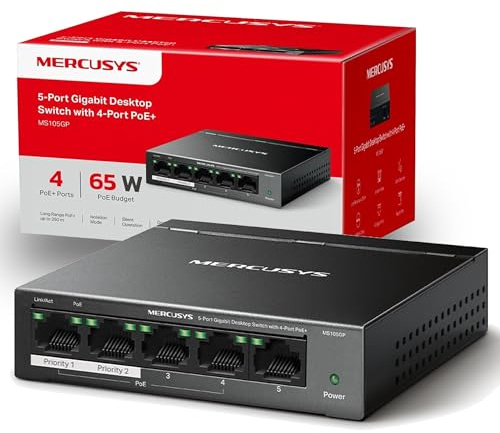 MERCUSYS MS105GP 5 Port Gigabit Network Switch, Ethernet Switch with 4-Port PoE+, 65W Total Budget , Metal Case, Desktop or Wall Mount, TP-Link Silent Operation, Power Saving, Plug & Play