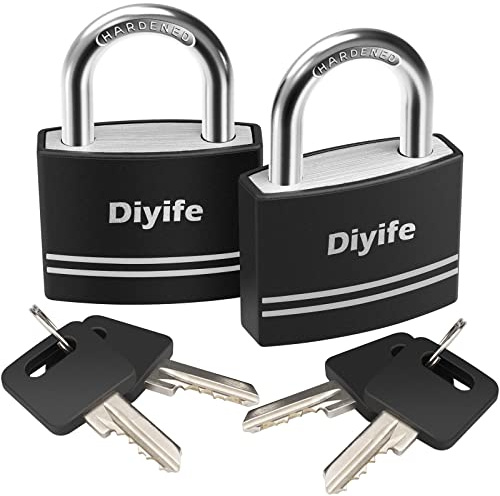 Diyife Padlock with Keys, 40mm Aluminum Weatherproof Small Locks, 2 Pack | Keyed Alike, Anti-Rust, Waterproof, Outdoor Key Lock for School, Gym Locker, Cabinets, Gate, Garage, Shed, Fence (Black)
