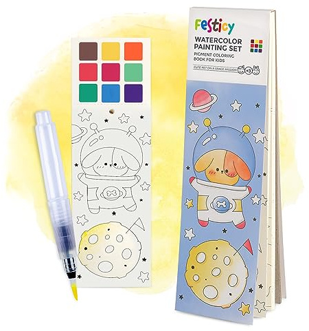 Festicy Livre de coloriage aquarelle unique avec pinceau et réservoir d'eau 25 pages d'aquarelles Idéal pour enfants en voyage et cadeaux d'anniversaire et d'école
