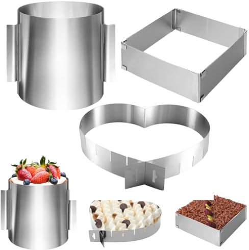 Gohytal Tortenring Verstellbar Hoch 20 cm, Edelstahl 3er Set Backring Eckig(Ø4-6cm) + Rund(Ø16-30cm) + Herzbackform, Backrahmen Verstellbar für Backen Kuchen Torten, Tortendeko, Pizza, Desserts Party