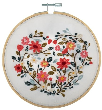 Trimits Kits de Broderie - Kit de Broderie 15cm 6 pouces, Kits Point de Croix pour Adultes, Kit de Démarrage avec Cerceau à Broder en Bambou, Tissu, Fils, Aiguille & Support - Cœur Fleuri