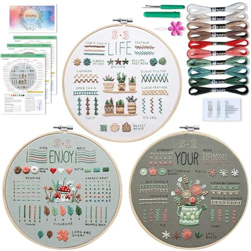 DEARBAG Kit Bordado Principiantes, 3 Piezas Kit de Práctica de Puntadas de Bordado para Principiantes, Kit de Inicio de Bordado con Patrones e Instrucciones, para Principiantes y Aficionados