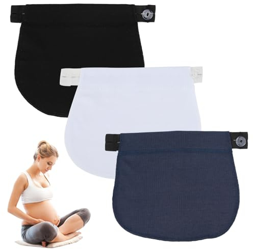 Hugfads 3PCS Extenseurs de Taille Ajustables pour Femmes Enceintes - Extension de Ceinture de Grossesse Élastique pour Pantalons - Confort Suprême pendant la Grossesse (Noir, Blanc, Bleu Foncé) (B)