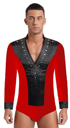 TTAO Herren Latein Body Langarm Giltzer Tanz-Body mit tiefem V-Ausschnitt Latein Ballettanzug Ballett Trikot Leotard Party Performance Tanzkostüm Rot XXL