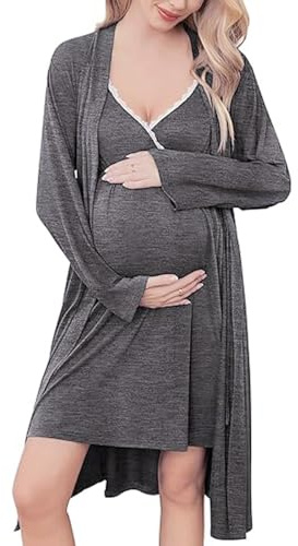 NaLatia Robe de Grossesse Femme Col V Élégant Dentelles Chemise de Nuit Maternité Grossesse Allaitement Pyjama pour la Maison et Hôpital - Lot de 2