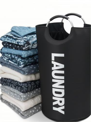 JUNEYE Cesta grande para la ropa sucia de 90 L, color negro, bolsa de lavandería plegable, cesta de ropa alta independiente, contenedor de lavado plegable