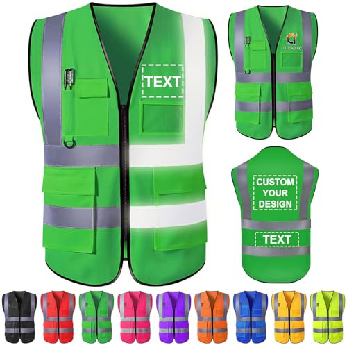 Gridachi Gilet de sécurité personnalisé avec logo, gilets réfléchissants haute visibilité, poches zippées, vêtements de travail de construction personnalisés de classe 2 pour hommes et femmes