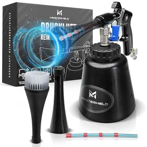 MEISTERHELD Pistolet de nettoyage à air comprimé - Nettoyeur précis à sec et humide pour voiture, tapis, etc. - Pistolet à air comprimé avec réservoir d'eau, embout brosse et valves de dosage