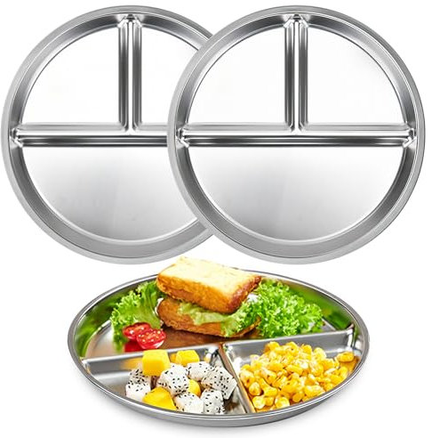 3 Stück Edelstahl Kinderteller, Portionskontrollteller 23 cm, Teller mit Unterteilung 3 Fächern, Kinderteller Unterteilt Geteilte Teller, Edelstahl Unterteilte Teller für Camping Snacks Bariatrischer