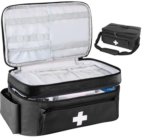 JABNOW Borsa Medica Borsa per Infermiere Pronto Soccorso a 2 Strati con Divisori per Forniture Mediche Sanitaria Portatile per Sportiva, Campeggio, Visite, Domicilio Fisioterapisti -Nero