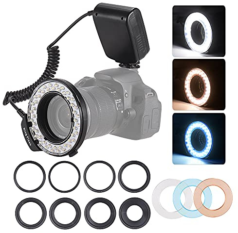TFixol HD-130 ro Ring Blixt Ljusskärm 3000-15000K GN46 Strömkontroll med 3 Flash S 8 Adapterringar för Kameror Svart