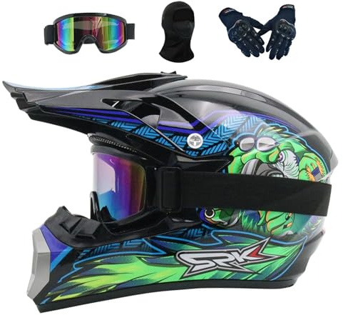 Casco Motocross Set Per Bambini E Adulti, Endurance Race ATV ATV Casco, Casco Di Sicurezza Stereo Traspirante Include Occhiali Guanti Maschera(Blue,M(54-55CM))