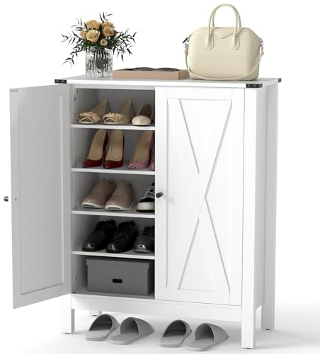 COSTWAY Zapatero de 2 Puertas, 5 Niveles con Estantes Ajustables, Mueble Auxiliar para Zapatos, Zapatero de Madera Entrada Pasillo Salon, 80 x 35,5 x 100 cm (blanco)