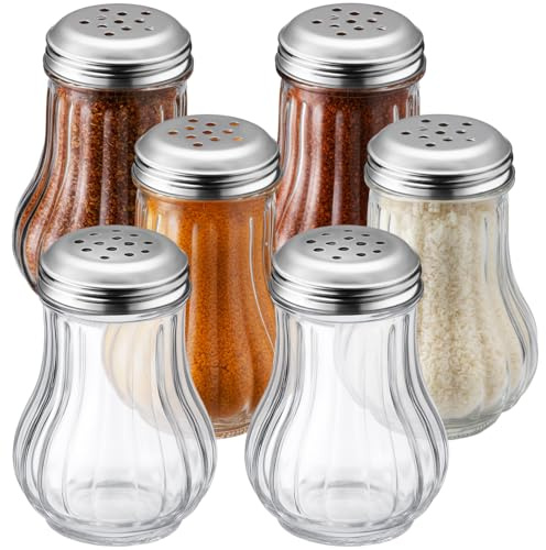 Acellegic 6 Pack Cheese Shaker 8 oz Glass Spices Shaker with Perforated Top Salt Pepper with Stainless Steel Top Clear Grated Cheese Bottle for Kitchen Restaurant Supplies