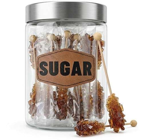 Swizzel Sticks - 20 PCS Individually Wrapped Brown Cane Sugar Stir Sticks for Coffee, Tea & Cocktails -Hard Candy Barista -Party Candy in Reusable Jar (Brown Sugar Sticks)