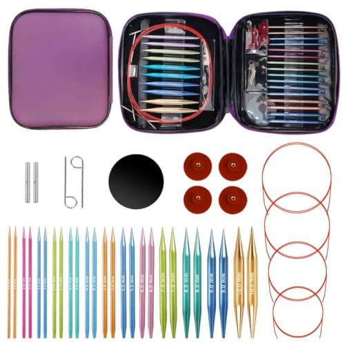HATOVI 13 Pairs 3.0~10.0mm Interchangeable Round Circular Knitting Needle, Metal Cable Needles for Knitting Set,Knitting Kit with Case (Colorful)