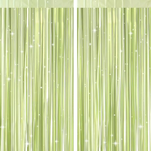 G2PLUS Cortinas de Franjas Metálicas: 2PCS 1m x 2m, Cortinas Metálicas Verde Claro para Fiesta Cumpleaños Niñas Babyshower Princesa Cumpleaños Navidad Ducha de Novia