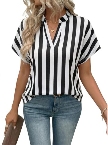 heekpek Chemisier Femme Été Blouse Chic et Élégant Chemise Col V Rayée à Manche Courte Décontracté Ample Haut D'été T-Shirts Tunique Tops