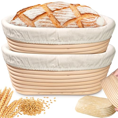 Banneton Bread Proofing Basket, 2 Pack 10“ Oval Sourdough Banneton Baskets with Linen Liners | Rattan Round Banneton Bread Basket for Sourdough Baking Supplies | Non-Stick Bread Proofing Bowl Gifts