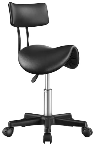 SONGMICS Tabouret Selle, Tabouret à roulettes Ergonomique en Cuir PU, Réglable en Hauteur, Pivotant à 360°, 56 x 56 x 68.5-82.5 cm, Noir, pour Bureau, Salon, Collection Activo OSC015B101