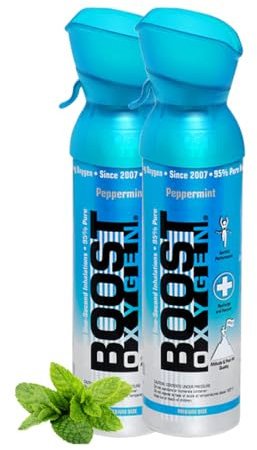 Boost Oxygen Sauerstofflasche für Unterwegs mit 95% Sauerstoff - 10L, 2x5L Sauerstoffdose mit Sauerstoffmaske für mehr als 200 Inhalationen - mobiler Sauerstoff Inhalator (Pfefferminz Geschmack)