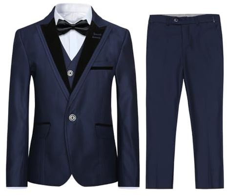 Traje de 3 Piezas, para niño, Clásico, ceñido, esmoquin, para Boda y Baile, con Chaqueta, Pantalones Y Chaleco, azul marino, 10 años