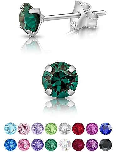 DTPsilver - * PETITES * Boucles d'oreilles/Clous en Argent Fin 925 et Cristaux de Swarovski® Elements Ronds - Diamètre: 5 mm - Couleur: Emeraude