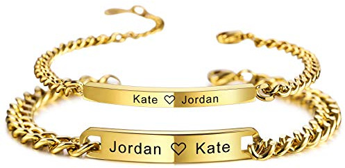 MeMeDIY 2 Pezzi Braccialetti Coppia Personalizzata Nome/Data Dell'incisione per Fidanzato Fidanzata Bracciali Regolabili in Acciaio Inossidabile Regalo d'Amore(Colore Oro)