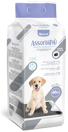 Record Assorbipiù Traverse Cani ai Carboni Attivi USA e Getta per Cani. Extra assorbenza. Tappetini igienici per Cani 60x60cm. Confezione 40 pz. Monouso, Antistrappo e Antiodore. Cani Taglia Media